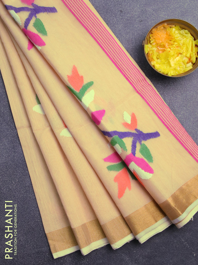 Jamdhani silk cotton saree sandal with thread woven floral buttas and zari woven border