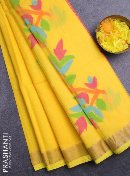 Jamdhani silk cotton saree yellow with thread woven floral buttas and zari woven border