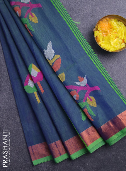 Jamdhani silk cotton saree dual shade of bluish green with thread woven floral buttas and zari woven border