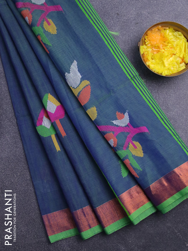 Jamdhani silk cotton saree dual shade of bluish green with thread woven floral buttas and zari woven border