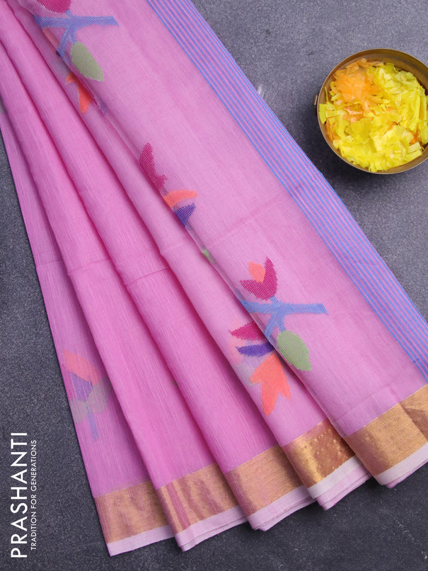 Jamdhani silk cotton saree light pink with thread woven floral buttas and zari woven border