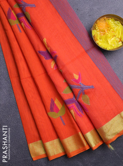 Jamdhani silk cotton saree orange with thread woven floral buttas and zari woven border