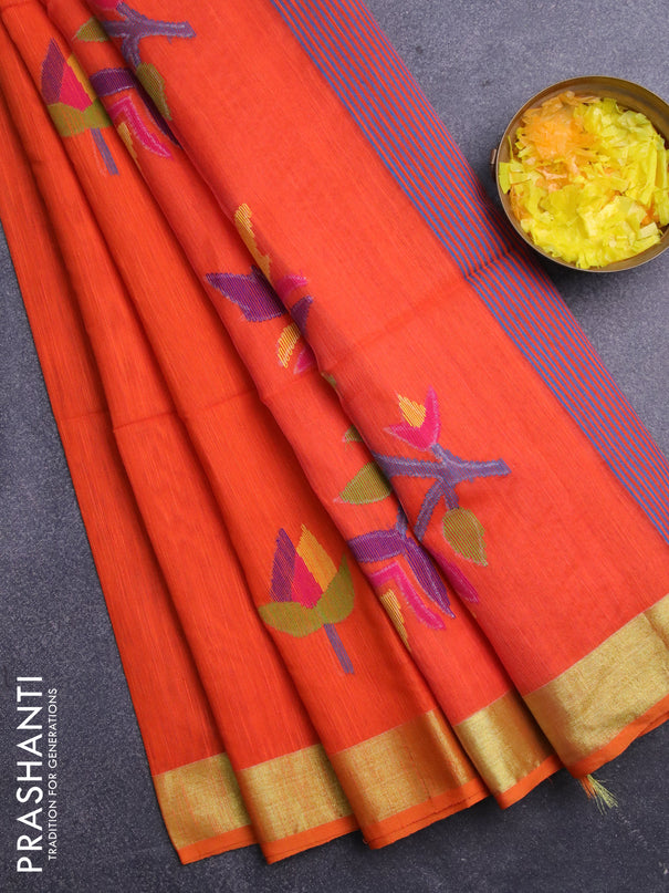 Jamdhani silk cotton saree orange with thread woven floral buttas and zari woven border