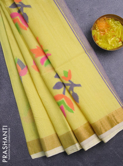 Jamdhani silk cotton saree pale yellow with thread woven floral buttas and zari woven border