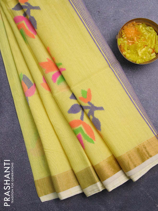 Jamdhani silk cotton saree pale yellow with thread woven floral buttas and zari woven border