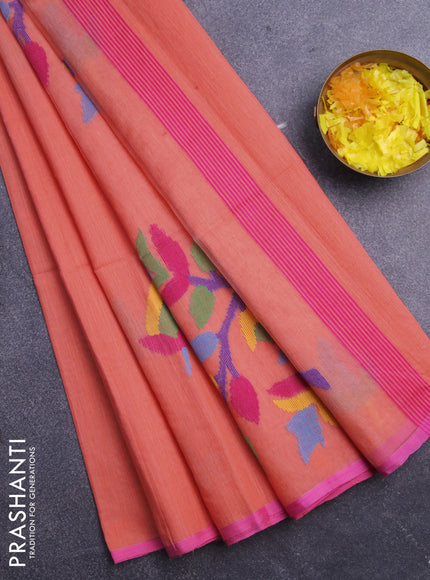 Jamdhani silk cotton saree peach orange with thread woven floral buttas and zari woven border