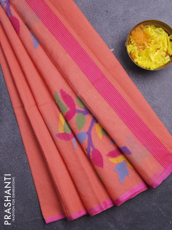 Jamdhani silk cotton saree peach orange with thread woven floral buttas and zari woven border