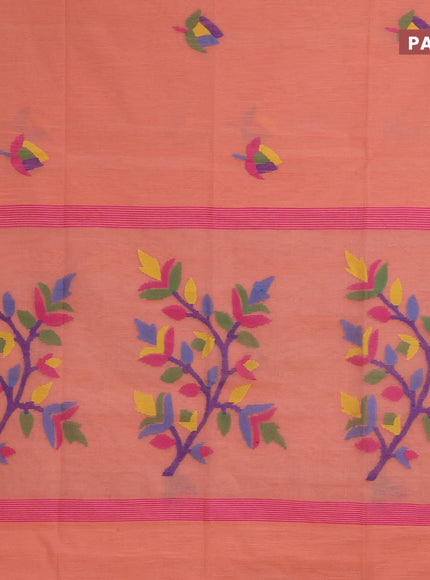 Jamdhani silk cotton saree peach orange with thread woven floral buttas and zari woven border