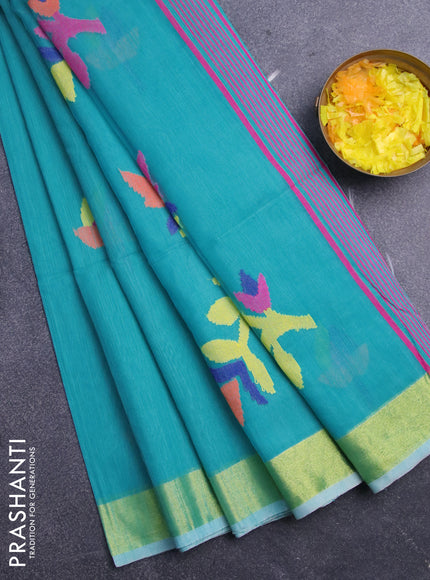 Jamdhani silk cotton saree teal blue with thread woven floral buttas and zari woven border