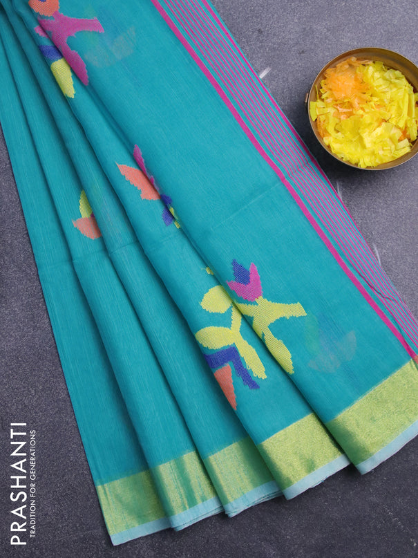 Jamdhani silk cotton saree teal blue with thread woven floral buttas and zari woven border