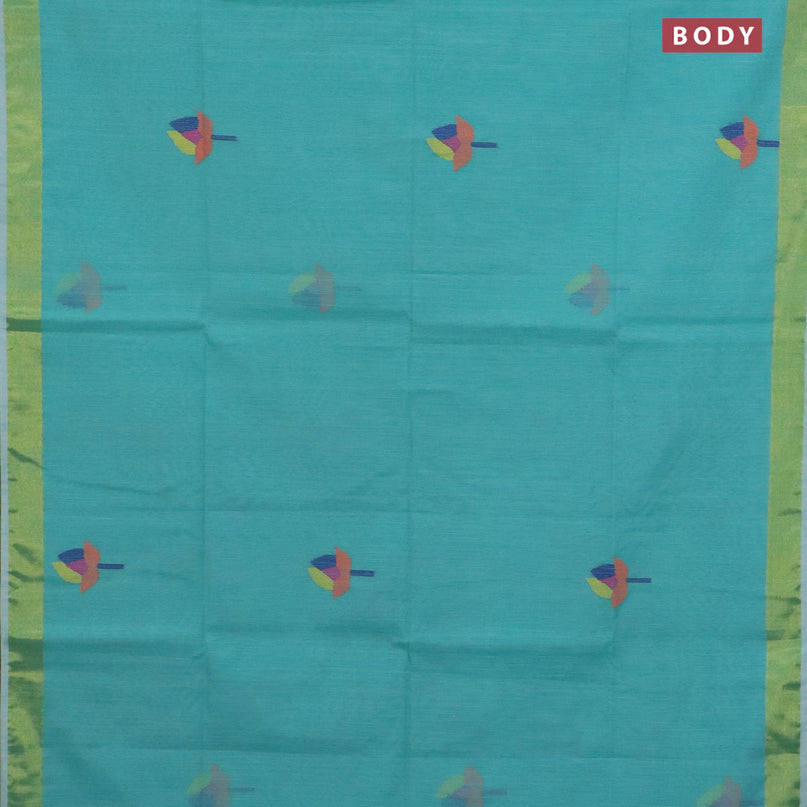 Jamdhani silk cotton saree teal blue with thread woven floral buttas and zari woven border