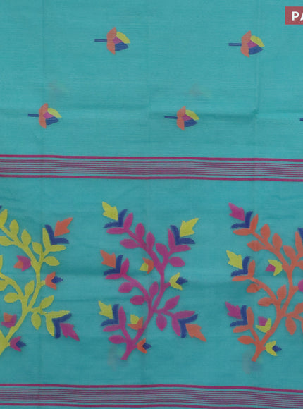 Jamdhani silk cotton saree teal blue with thread woven floral buttas and zari woven border