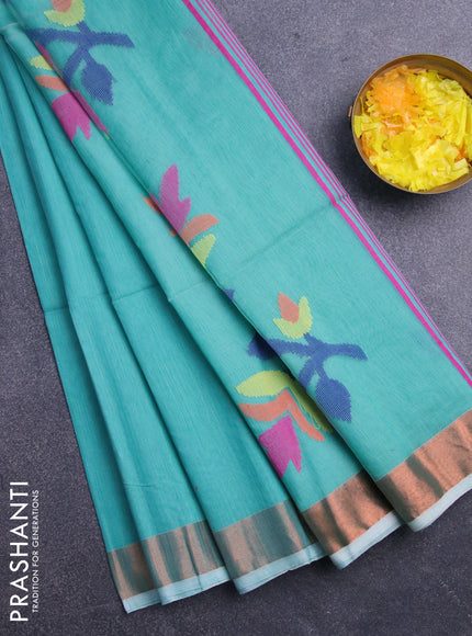 Jamdhani silk cotton saree teal blue with thread woven floral buttas and zari woven border