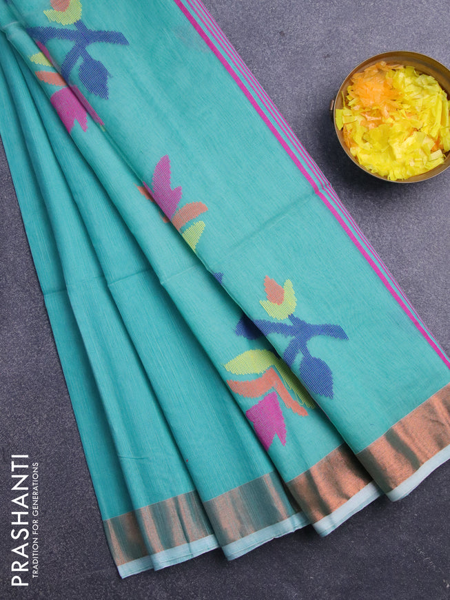 Jamdhani silk cotton saree teal blue with thread woven floral buttas and zari woven border