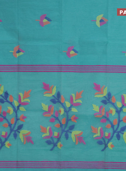 Jamdhani silk cotton saree teal blue with thread woven floral buttas and zari woven border