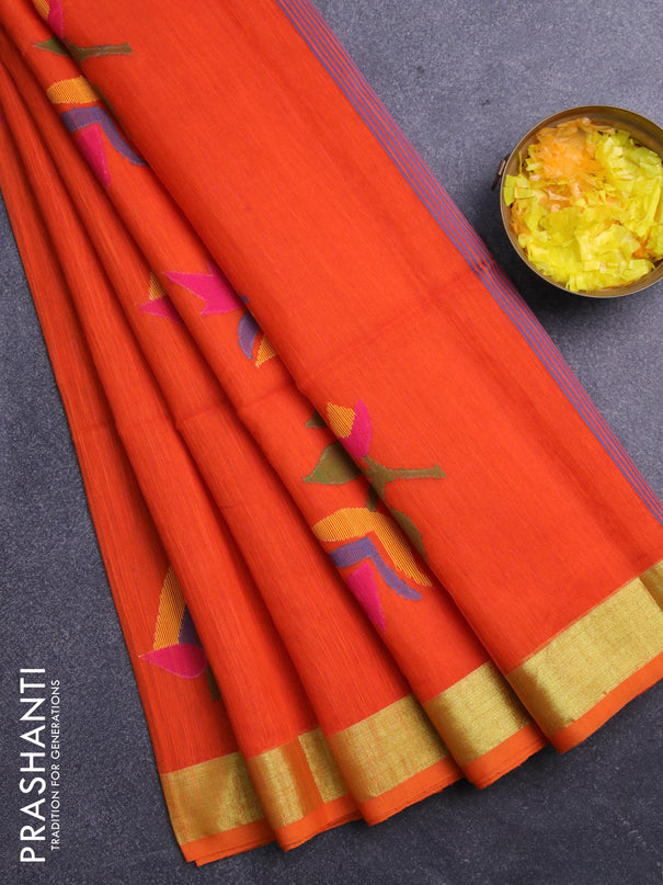 Jamdhani silk cotton saree orange with thread woven floral buttas and zari woven border