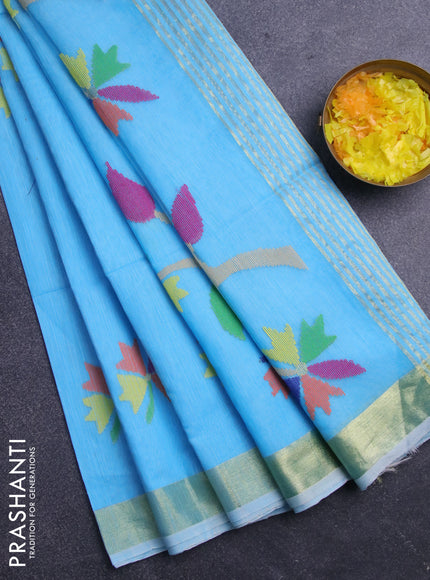 Jamdhani silk cotton saree blue with thread woven floral buttas and zari woven border