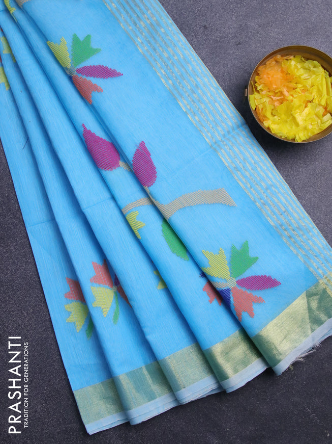 Jamdhani silk cotton saree blue with thread woven floral buttas and zari woven border