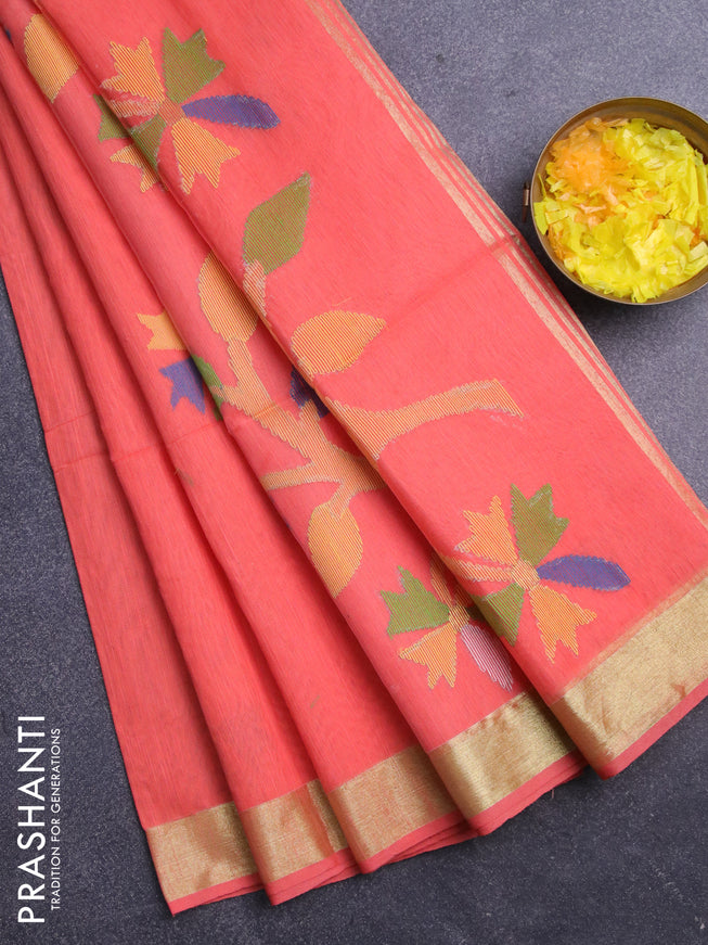 Jamdhani silk cotton saree peach orange with thread woven floral buttas and zari woven border