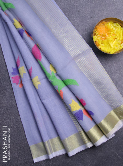 Jamdhani silk cotton saree grey with thread woven floral buttas and zari woven border