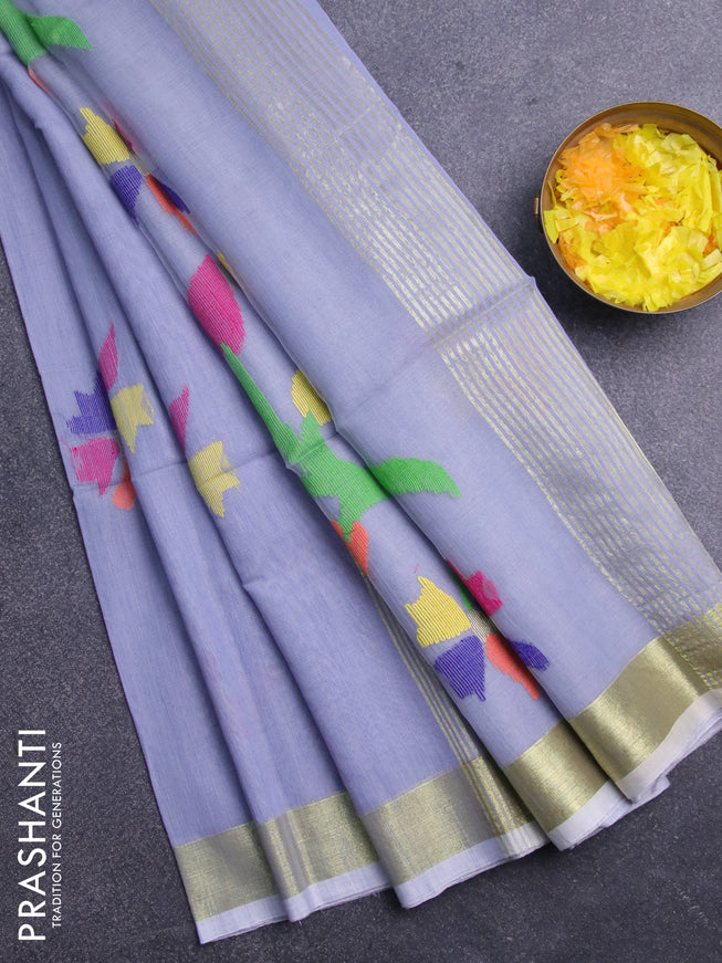 Jamdhani silk cotton saree grey with thread woven floral buttas and zari woven border