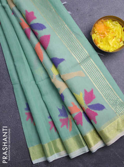 Jamdhani silk cotton saree pastel green with thread woven floral buttas and zari woven border