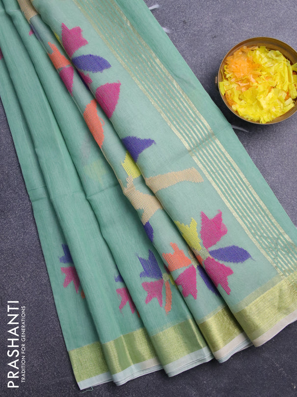 Jamdhani silk cotton saree pastel green with thread woven floral buttas and zari woven border