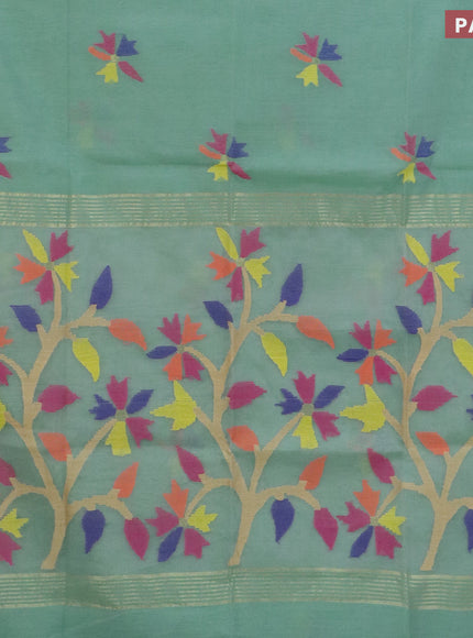 Jamdhani silk cotton saree pastel green with thread woven floral buttas and zari woven border