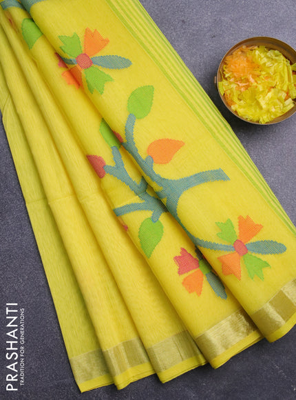 Jamdhani silk cotton saree yellow with thread woven floral buttas and zari woven border