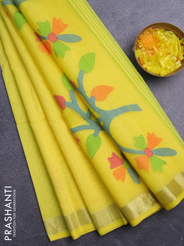 Jamdhani silk cotton saree yellow with thread woven floral buttas and zari woven border