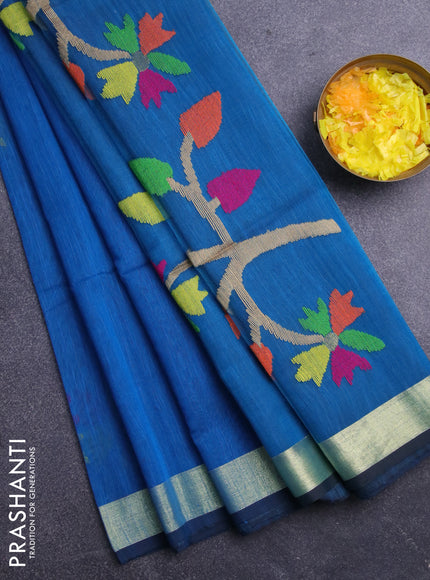 Jamdhani silk cotton saree peacock blue with thread woven floral buttas and zari woven border