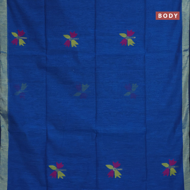 Jamdhani silk cotton saree peacock blue with thread woven floral buttas and zari woven border