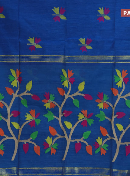 Jamdhani silk cotton saree peacock blue with thread woven floral buttas and zari woven border