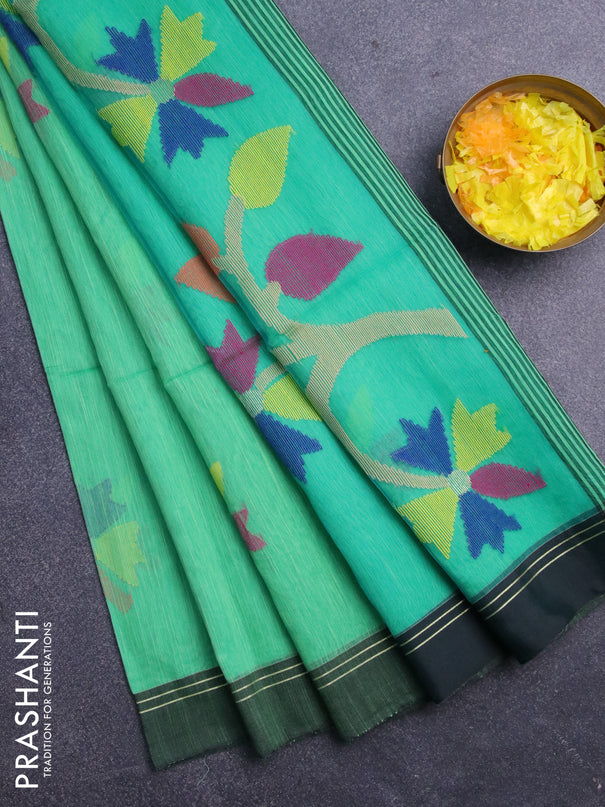 Jamdhani silk cotton saree teal green with thread woven floral buttas and simple border