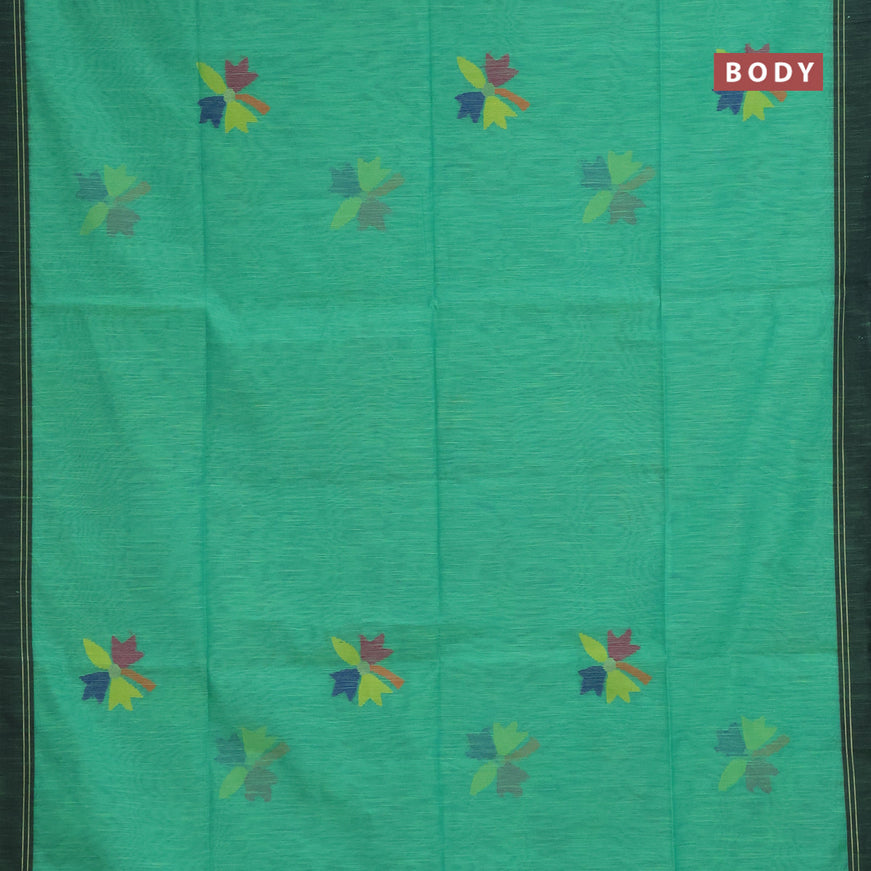 Jamdhani silk cotton saree teal green with thread woven floral buttas and simple border