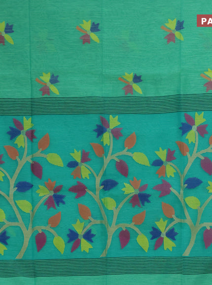 Jamdhani silk cotton saree teal green with thread woven floral buttas and simple border