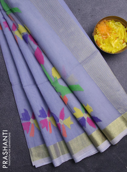 Jamdhani silk cotton saree grey with thread woven floral buttas and zari woven border