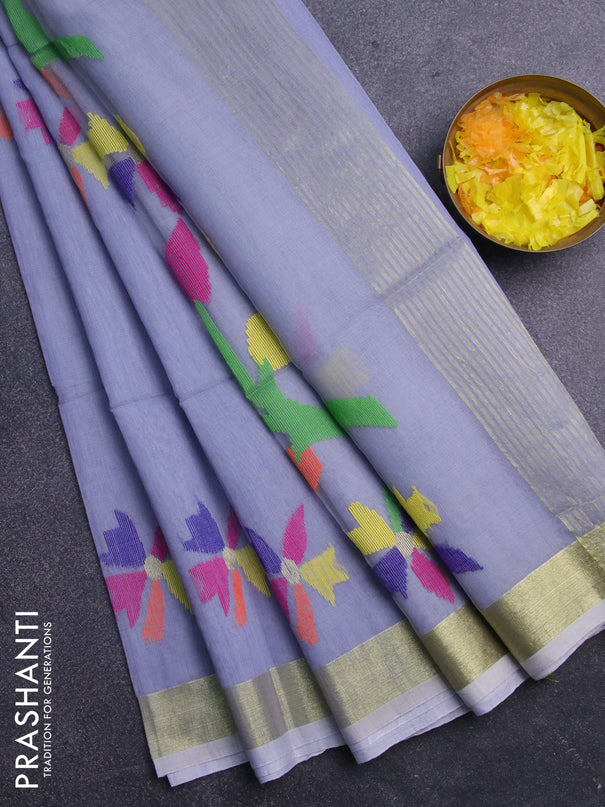 Jamdhani silk cotton saree grey with thread woven floral buttas and zari woven border