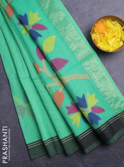 Jamdhani silk cotton saree teal green shade with thread woven floral buttas and simple border