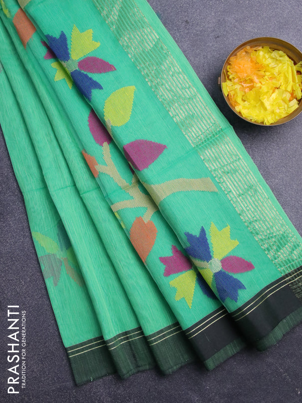 Jamdhani silk cotton saree teal green shade with thread woven floral buttas and simple border