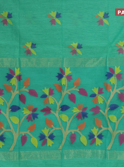 Jamdhani silk cotton saree teal green shade with thread woven floral buttas and simple border