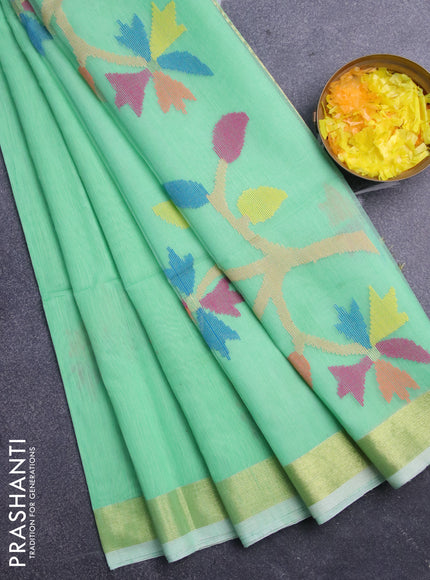 Jamdhani silk cotton saree teal green shade with thread woven floral buttas and zari woven border