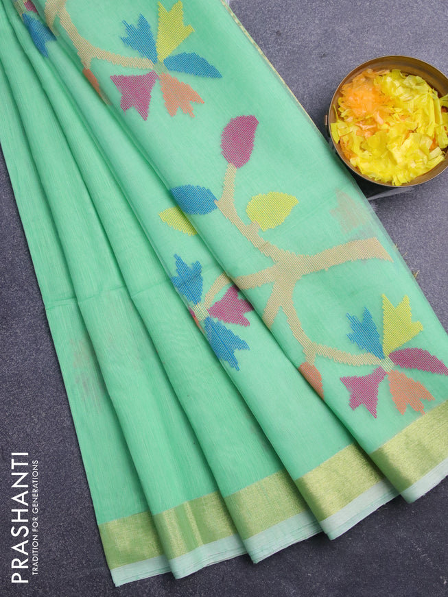 Jamdhani silk cotton saree teal green shade with thread woven floral buttas and zari woven border