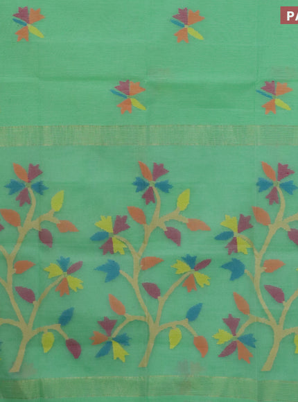 Jamdhani silk cotton saree teal green shade with thread woven floral buttas and zari woven border