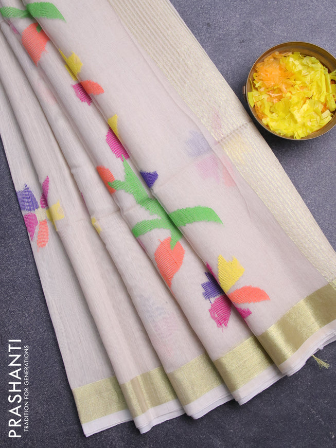 Jamdhani silk cotton saree cream with thread woven floral buttas and zari woven border