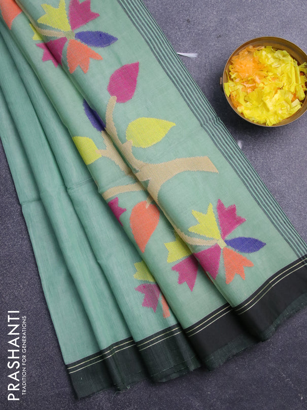 Jamdhani silk cotton saree pastel green with thread woven floral buttas and simple border