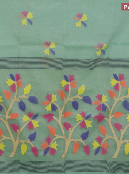 Jamdhani silk cotton saree pastel green with thread woven floral buttas and simple border