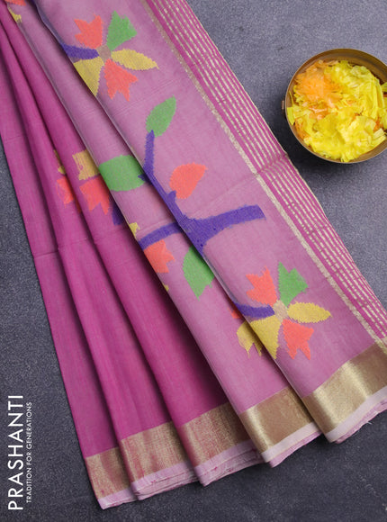 Jamdhani silk cotton saree mauve pink with thread woven floral buttas and zari woven border