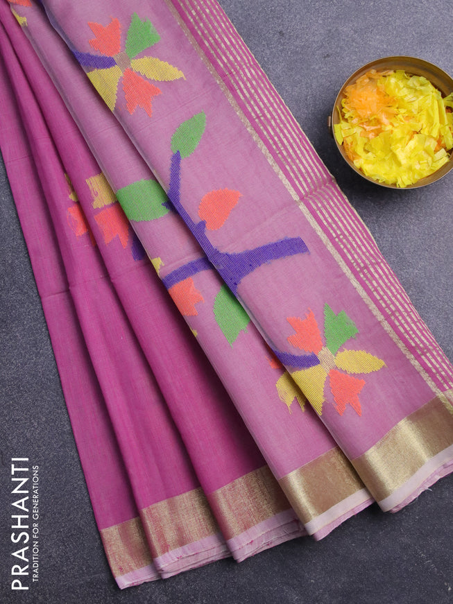 Jamdhani silk cotton saree mauve pink with thread woven floral buttas and zari woven border