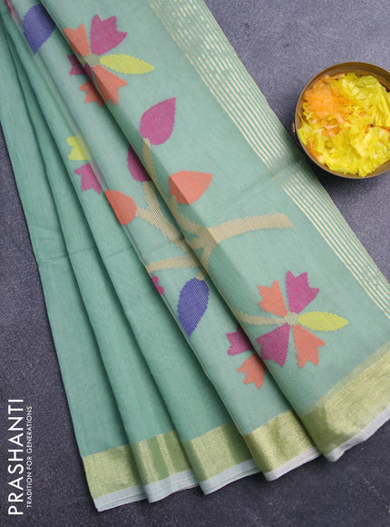 Jamdhani silk cotton saree pastel green with thread woven floral buttas and zari woven border